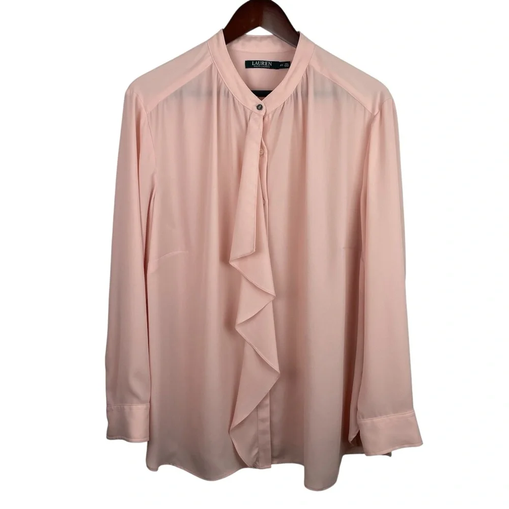 Lauren Ralph Lauren | Pink Ruffle Front Button Long Sleeve Blouse - Picture 1 of 8